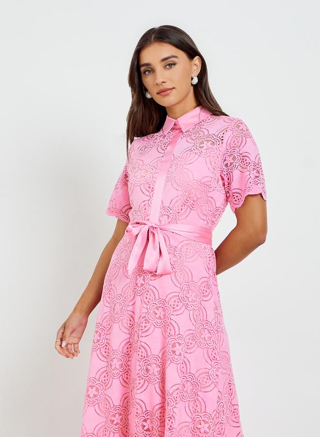 Styli Women Pink Lace Shirt Maxi Dress - Image 1